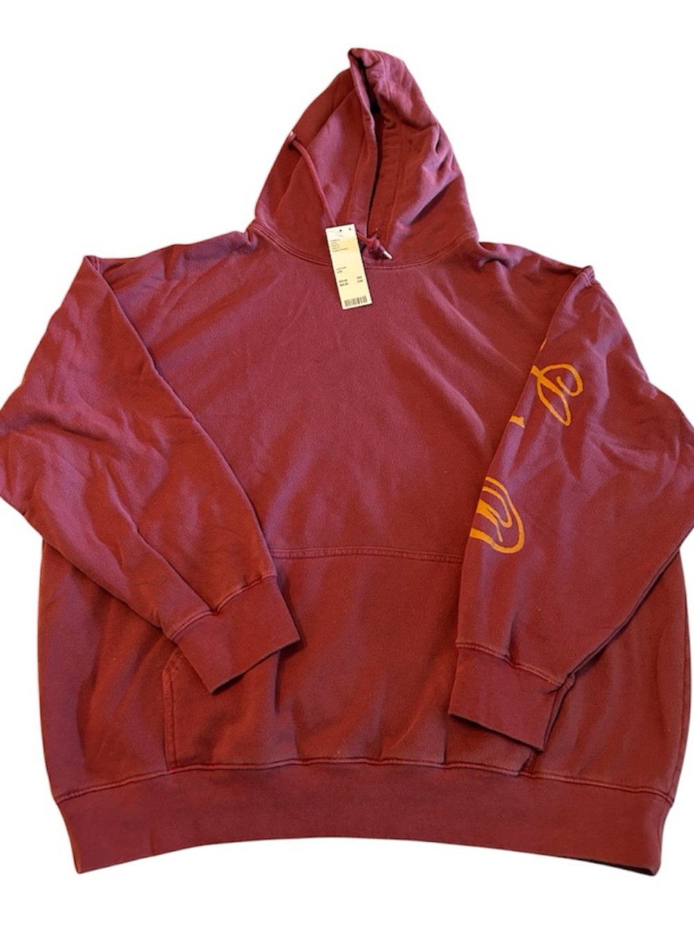 Urban Outfitters Burgundy Pullover Hoodie with Yellow Sleeve Graphic